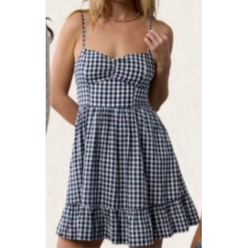 NEW American Eagle Blue Gingham Sweetheart Tie Back Dress Cottagecore Summer MED